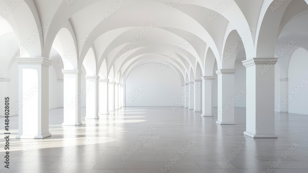 Sunlit, expansive white hall with arched ceilings and columns. Sunlit, expansive white hall with arched ceilings and columns.