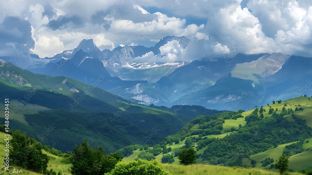 Obraz premium Scenic Mountain Valley Landscape with Green Hills and Cloudy Sky on a Sunny Day