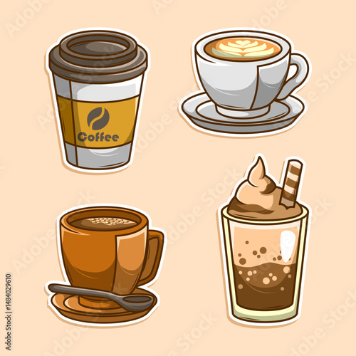 Coffe drink doodle sticker hand draw collection set