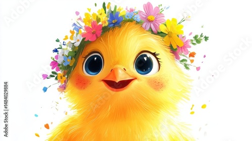 Smiling chick with a colorful floral crown, white background generative ai