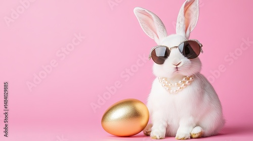 Stylish white rabbit with sunglasses and pearls, next to a golden egg.