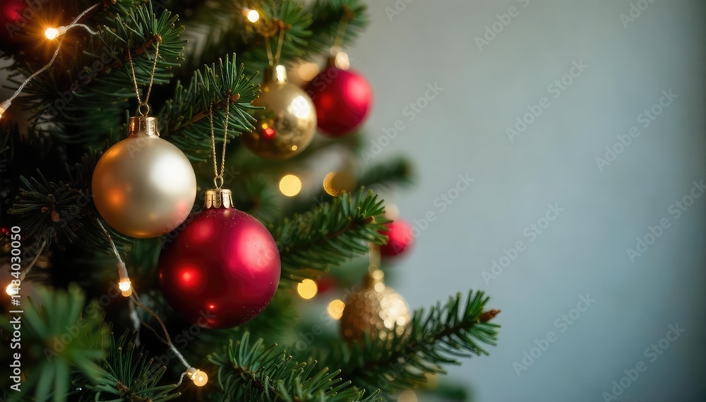 Close-up of a decorated Christmas tree with ornaments and lights , rustic, holiday season, holiday Close-up of a decorated Christmas tree with ornaments and lights , rustic, holiday season, holiday