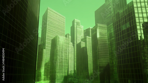 Downtown financial district with tall glass office buildings, realistic city scene, green screen. [Ocular City] | Mirror Lattice | polished mesh. Illustration