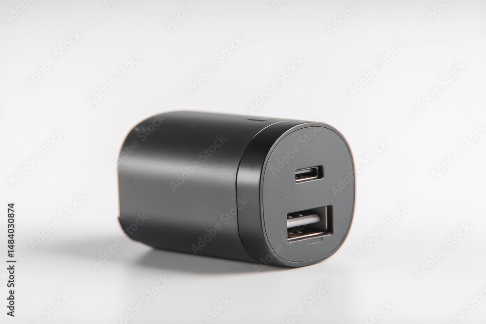 Sleek black dual-port USB charger, perfect for modern devices. Compact and portable design. Sleek black dual-port USB charger, perfect for modern devices. Compact and portable design.