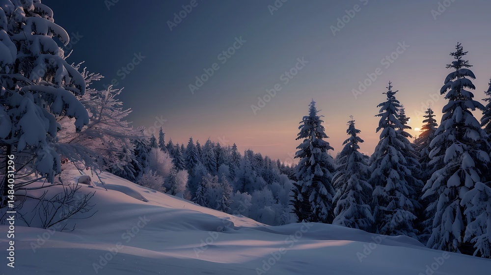 Fototapeta premium Snow Covered Forest With Pine Trees Under Pale Sunset Sky