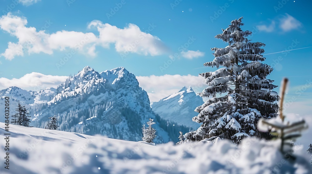 Fototapeta premium Snow Covered Mountains And Pine Trees Against A Clear Blue Sky