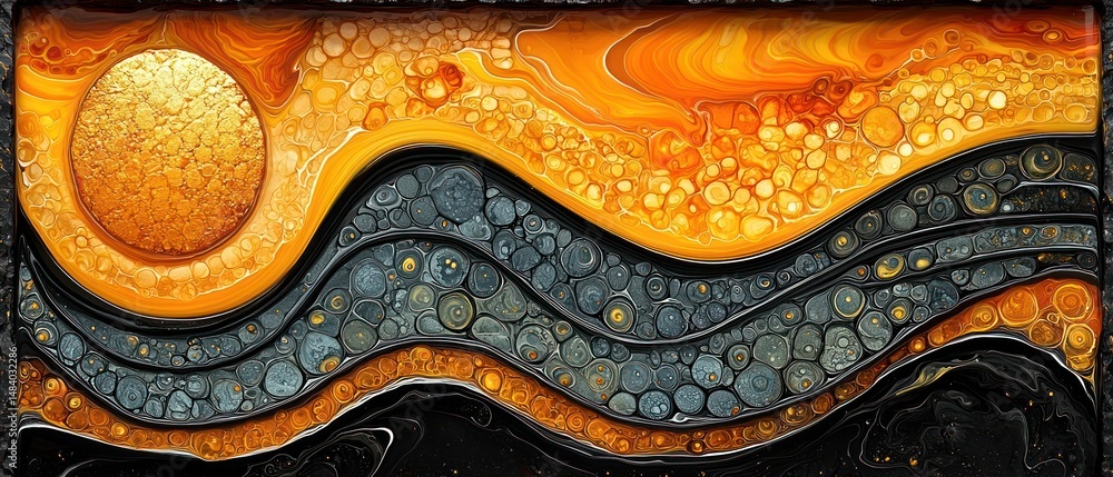 Obraz premium Abstract layered artwork featuring flowing, undulating forms in shades of orange, gold, gray, and black. Circular elements are embedded within the layers, creating a textured effect