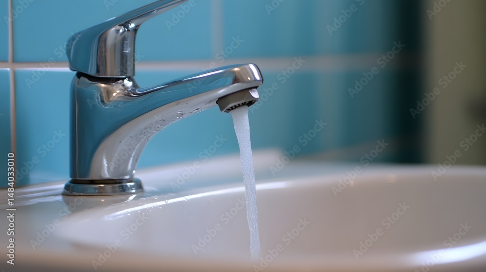 Close-up of Water Flowing from Chrome Faucet in Modern Bathroom Sink Close-up of Water Flowing from Chrome Faucet in Modern Bathroom Sink