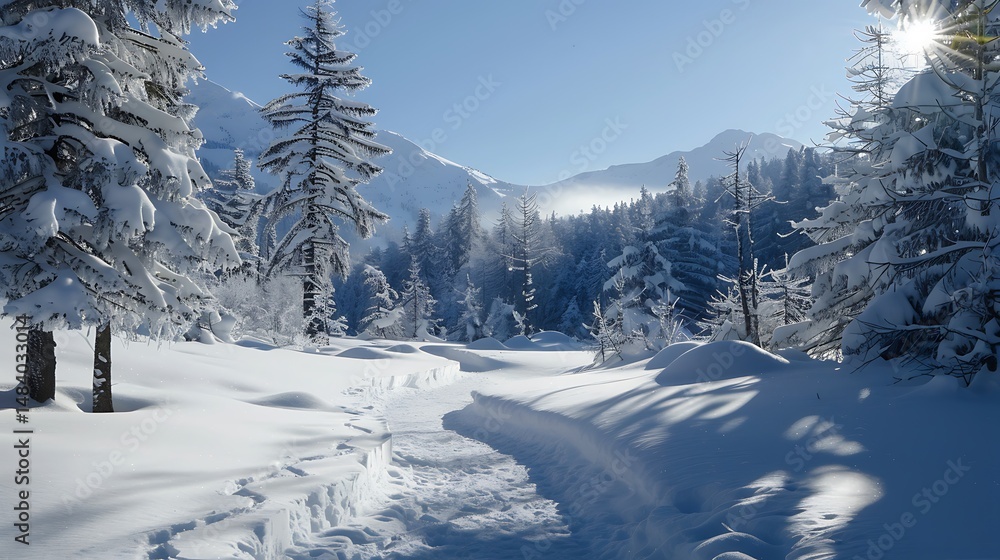 Obraz premium Snow Covered Trail Winds Through Winter Forest With Snowy Trees And Mountains Under Blue Sky