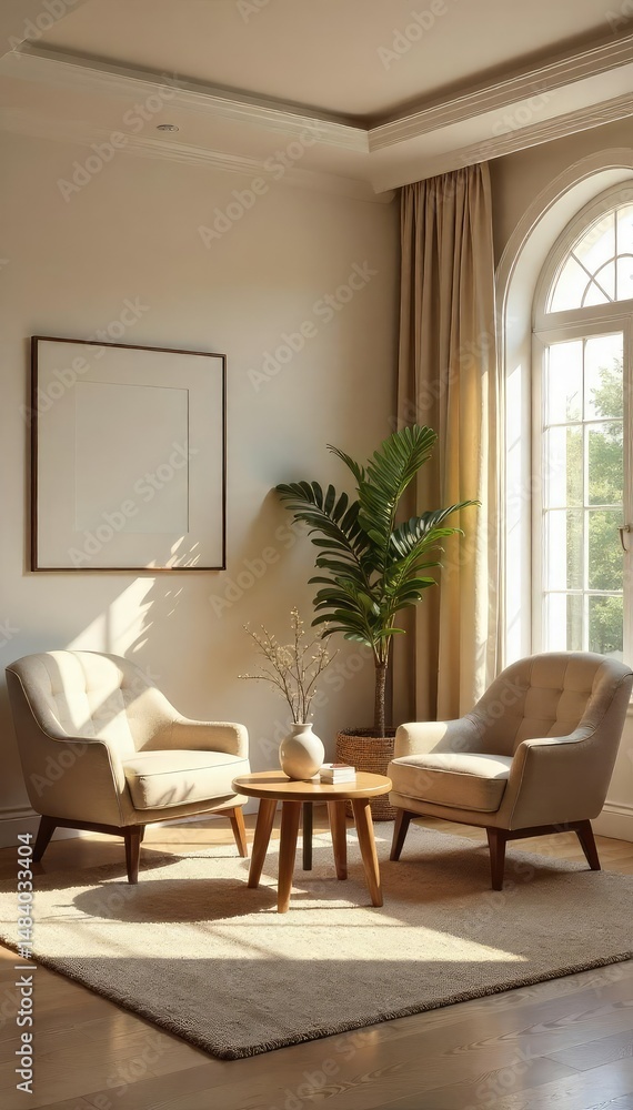 Fototapeta premium Serene mediation room, featuring neutral colors, soft lighting, comfortable seating, and calming decor Ideal for conflict resolution, therapy, or peaceful reflection , meditation, mindfulness, chairs