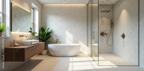 Sleek, minimalist bathroom design featuring a floating vanity, large format tiles, and a rainfall shower Perfect for modern home design inspiration , walls, large format tiles
