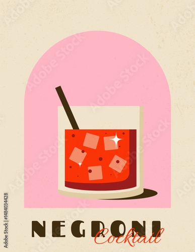 Summer negroni cocktail in glass with straw and ice. Retro poster for pub, bar, cafe, restaurant. Vector illustration with grungy wall textured