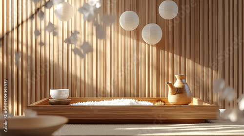 Wallpaper Mural A low wooden tray holds a small white cup on a saucer, a brown ceramic pitcher, and a bed of white granular material (possibly salt or sugar). The tray rests on a textured surface Torontodigital.ca