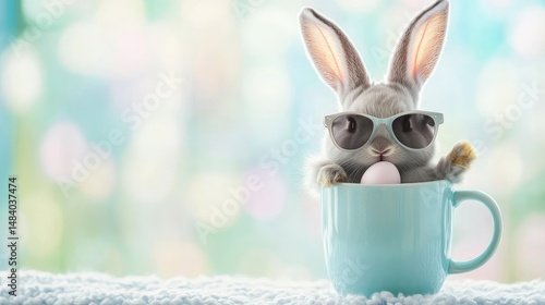 Playful Easter bunny in a teacup holding an egg.