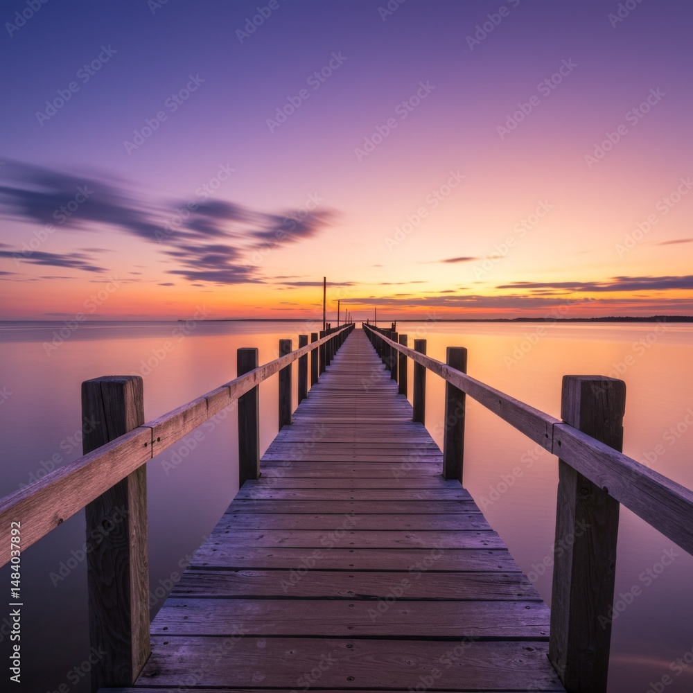 Serene Sunset over Calm Ocean with Wooden Pier Serene Sunset over Calm Ocean with Wooden Pier