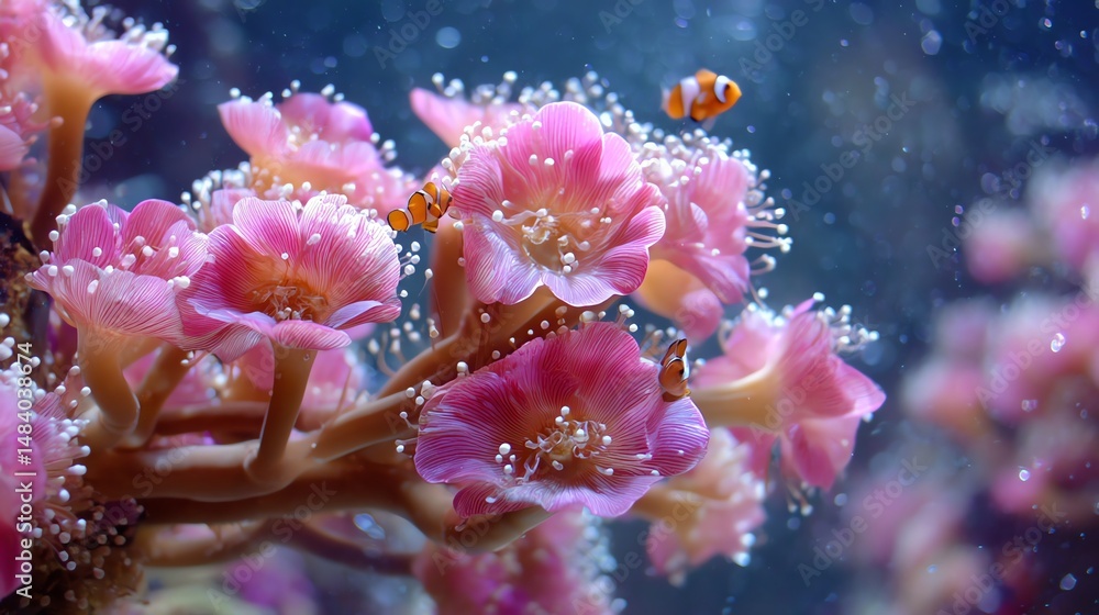 Vibrant coral reef adorned with pink flowers and tiny clownfish swimming nearby. Vibrant coral reef adorned with pink flowers and tiny clownfish swimming nearby.