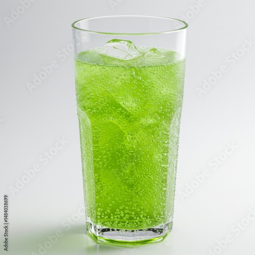 Refreshing Green Carbonated Drink with Ice in a Tall Glass