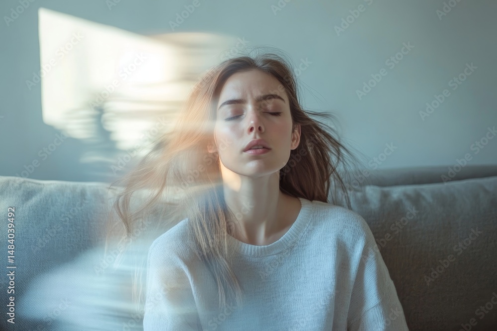 Portrait of a woman with closed eyes and blurred motion effect wearing a white sweater indoors Portrait of a woman with closed eyes and blurred motion effect wearing a white sweater indoors