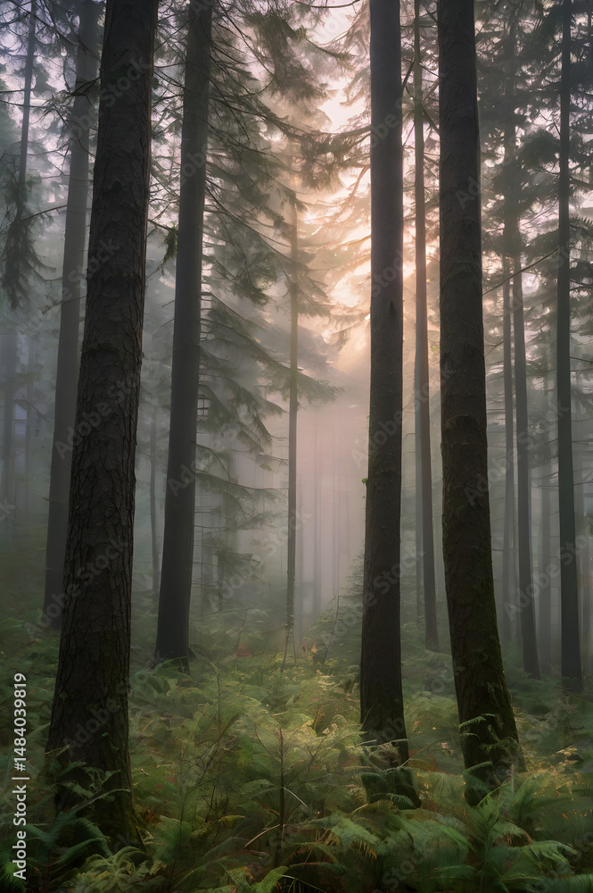 Fototapeta premium A misty forest featuring tall evergreen trees.