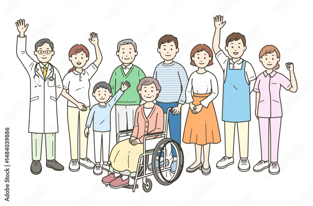 高齢者夫婦と家族と医師と看護師と介護士とケアマネージャーが集合して手を振る全身イラスト
