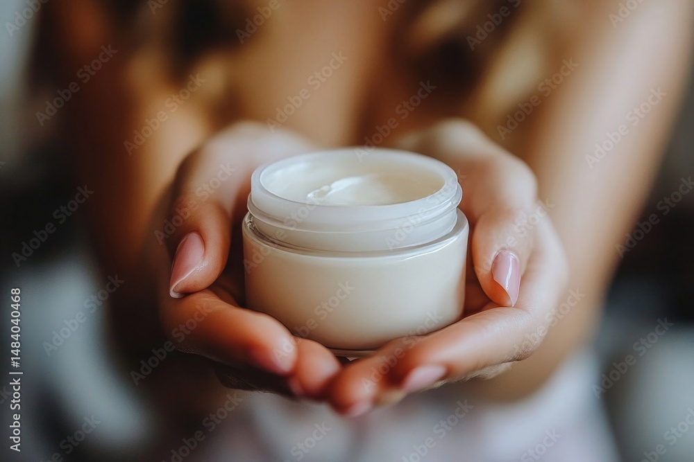 Woman holding a jar of cream in her hands with focus on the product and her manicured nails Woman holding a jar of cream in her hands with focus on the product and her manicured nails