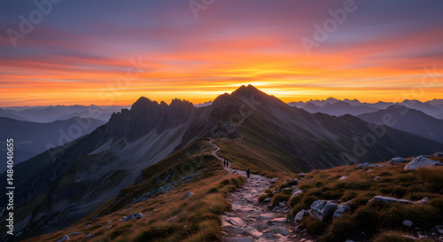 Time-lapse style photo of sunrise on a mountain trail, multiple exposures, minimal hikers