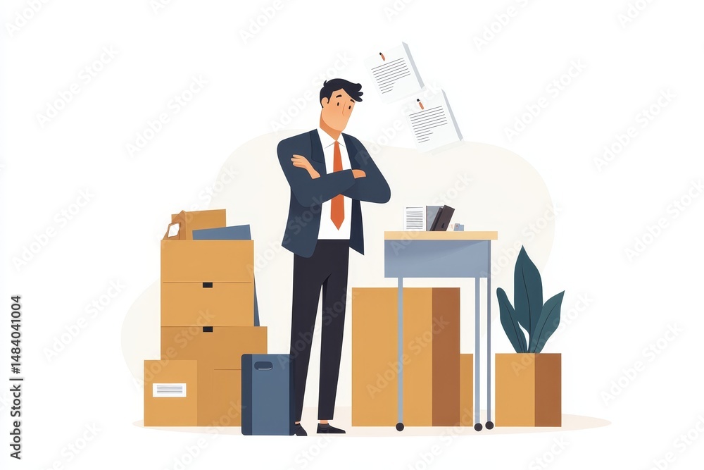 A man in a suit with arms crossed stands in an office with boxes and papers falling from above A man in a suit with arms crossed stands in an office with boxes and papers falling from above