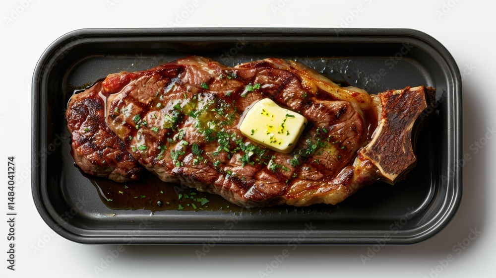 Delicious ribeye steak in black baking tray with melting butter parsley closeup delightful meal Delicious ribeye steak in black baking tray with melting butter parsley closeup delightful meal