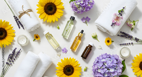 Spa elements flat lay: towels, essential oils, summer flowers, overhead clean look