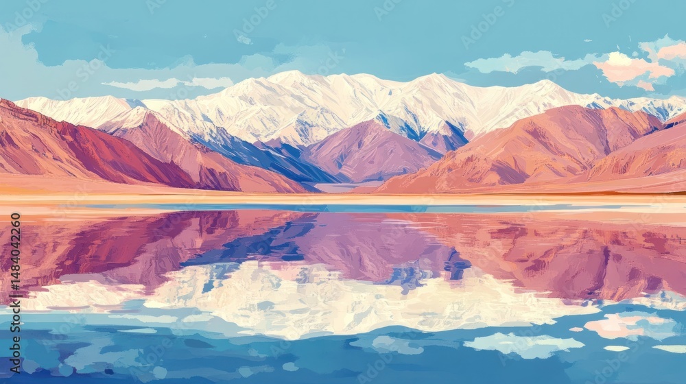 Naklejka premium Serene Mountain Lake Reflection: A Digital Painting of Tranquil Nature