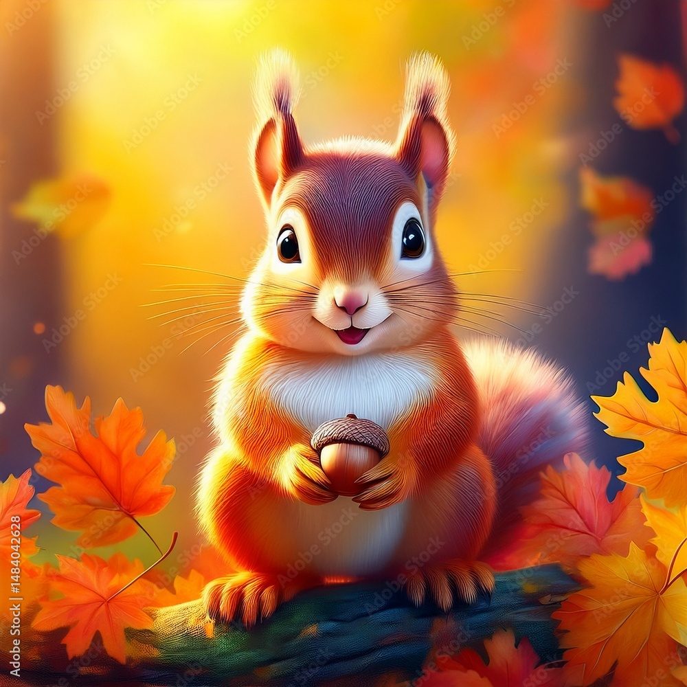 Fototapeta premium Niedliches Eichhörnchen-Baby hält Eichel im Herbst