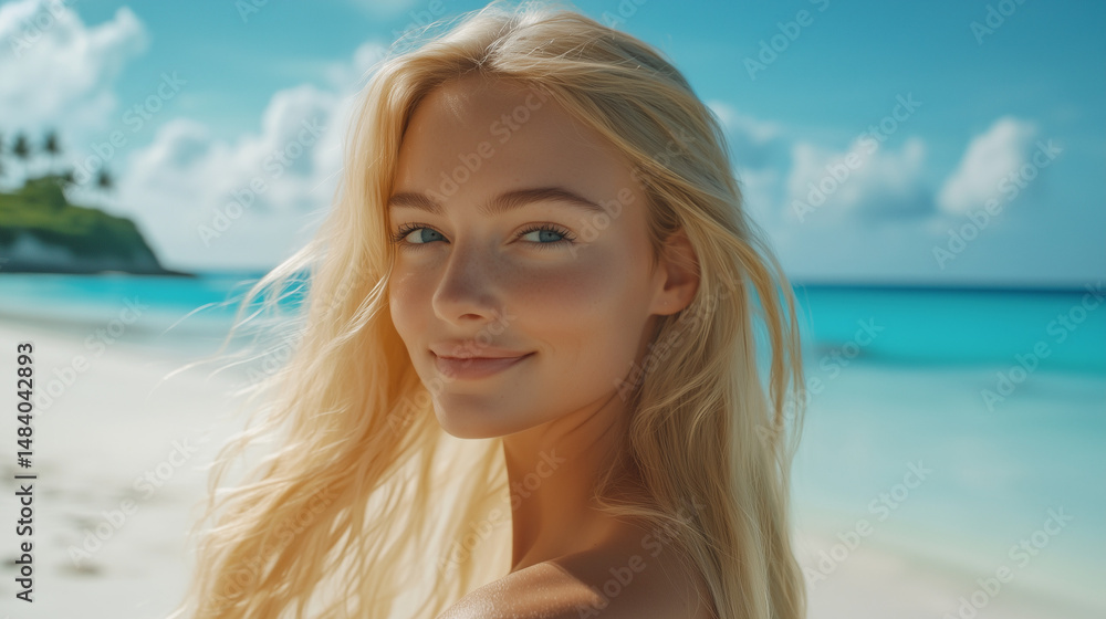 Smiling Woman Enjoying a Sunny Day at a Tropical Beach Smiling Woman Enjoying a Sunny Day at a Tropical Beach