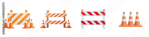 Construction barriers and traffic cones in various arrangements.
