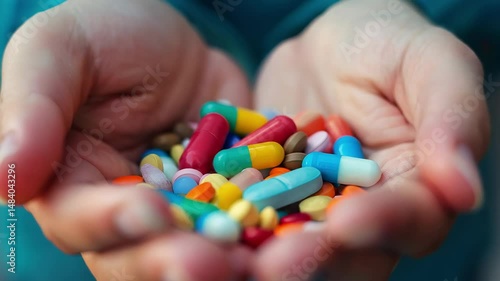 Wallpaper Mural Healthcare worker holding assorted colorful medications, displaying pharmaceutical variety with careful palm presentation highlighting medical treatment options Torontodigital.ca