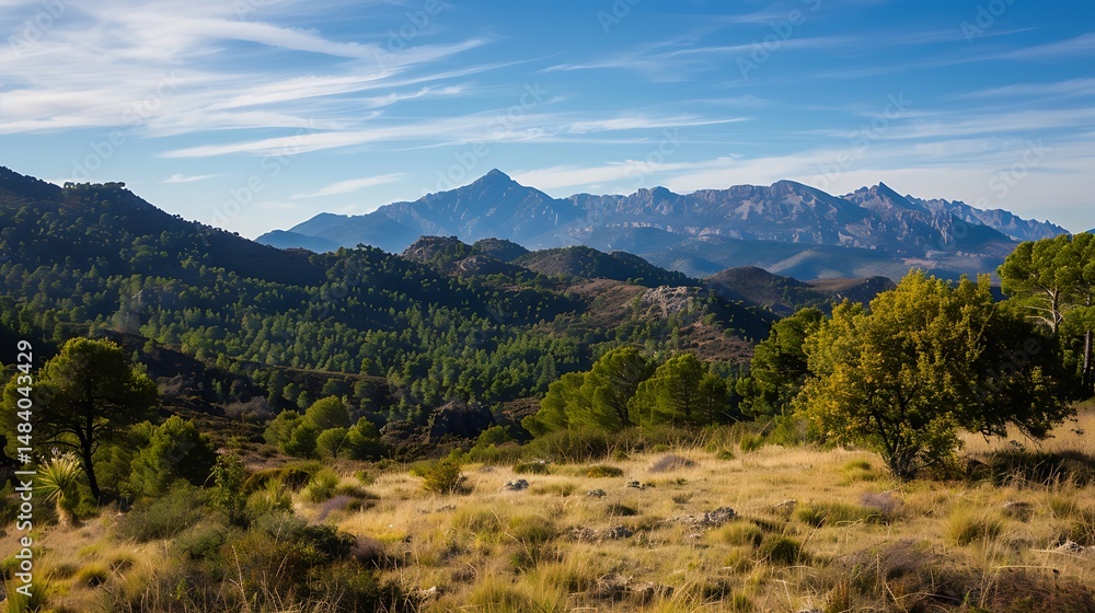 Vibrant Mountain Landscape View With Green Trees Against Blue Cloudy Sky Vibrant Mountain Landscape View With Green Trees Against Blue Cloudy Sky