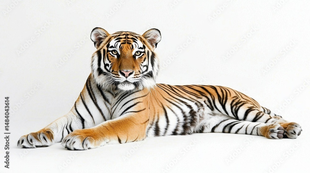Obraz premium A majestic tiger poised on a white backdrop.