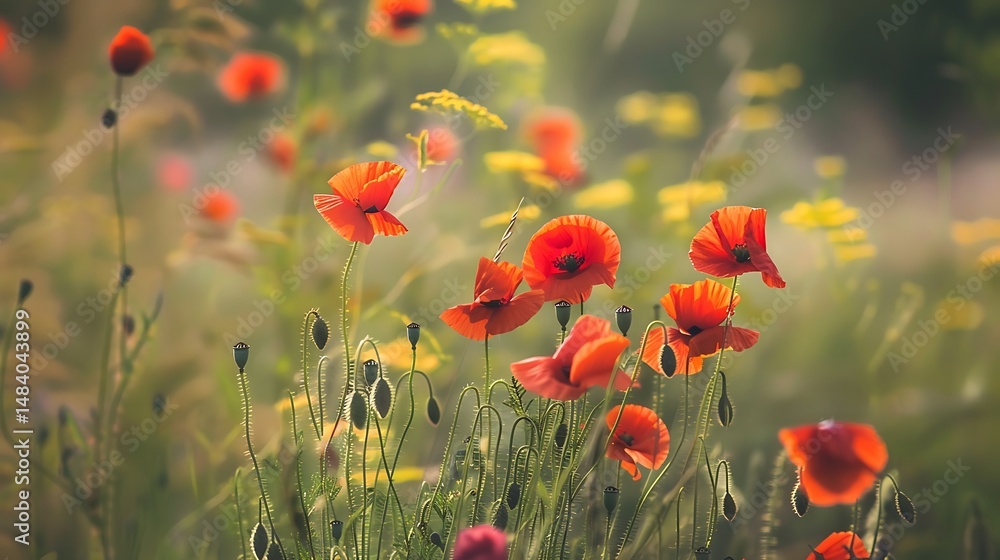 Obraz premium Vibrant Red Poppies Blooming In A Field Under Warm Sunlight