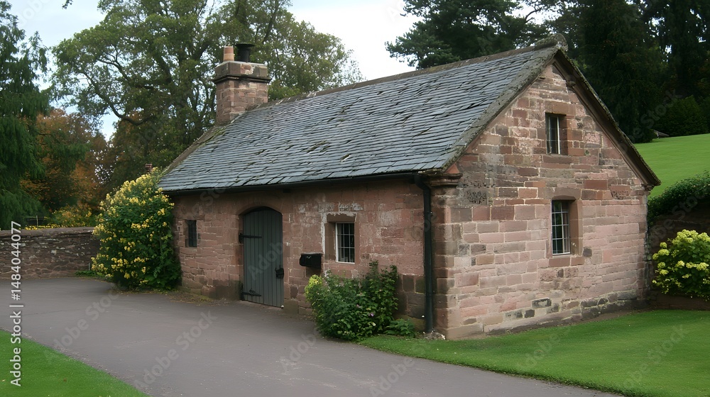 Fototapeta premium Rustic Stone Cottage with Slate Roof and Green Door