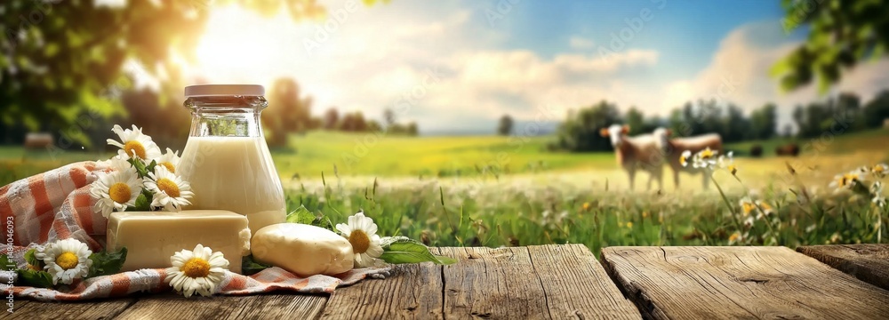 Fototapeta premium Vibrant blue sky enhances the beauty of a dairy farm landscape.
