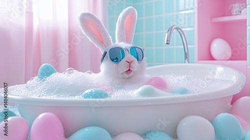 Playful bunny in a pastel pink bathtub, enjoying a bubbly Easter bath.