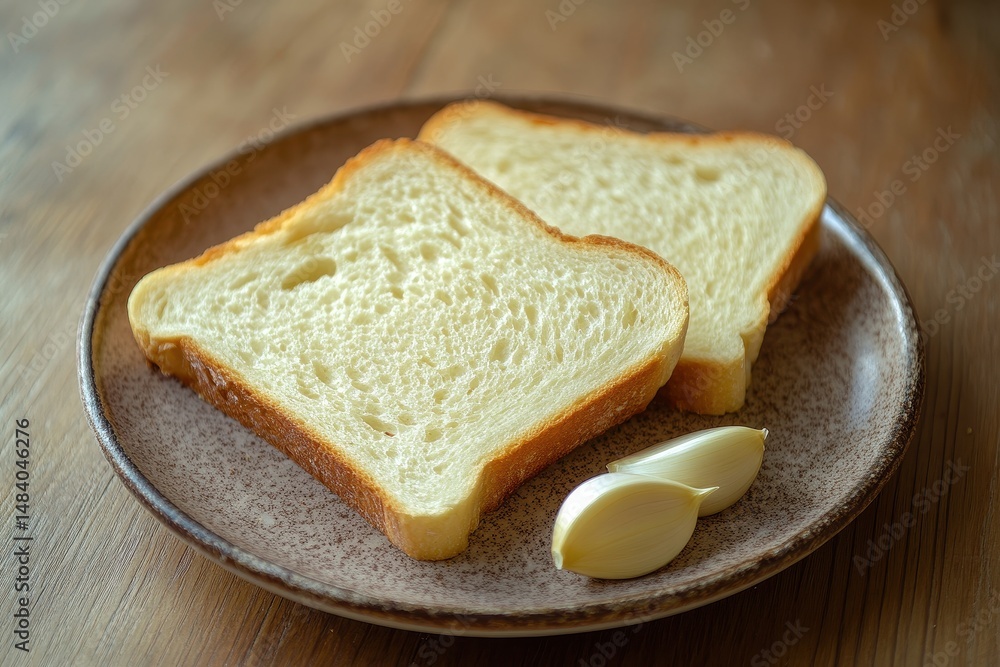Two slices of white bread and garlic cloves on a plate Two slices of white bread and garlic cloves on a plate