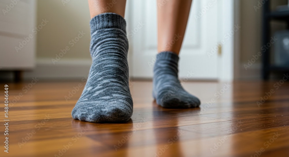 Feet in socks comfort and relaxation, on wooden floor Feet in socks comfort and relaxation, on wooden floor