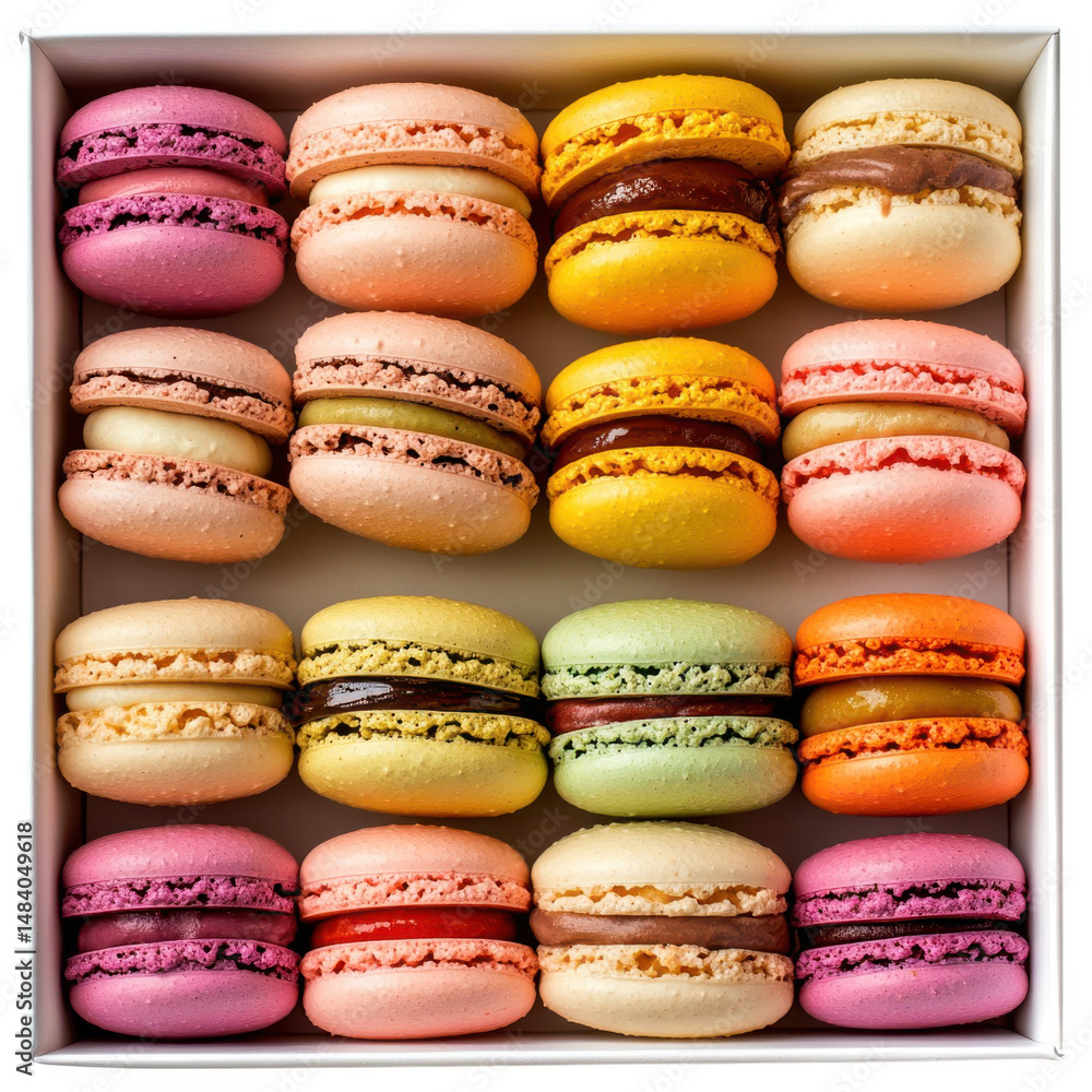 Obraz premium Box of assorted colorful macarons isolated on transparent background
