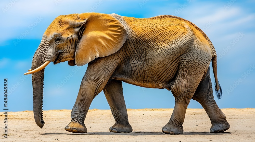 Fototapeta premium African Elephant Walking on Sandy Ground Under Blue Sky