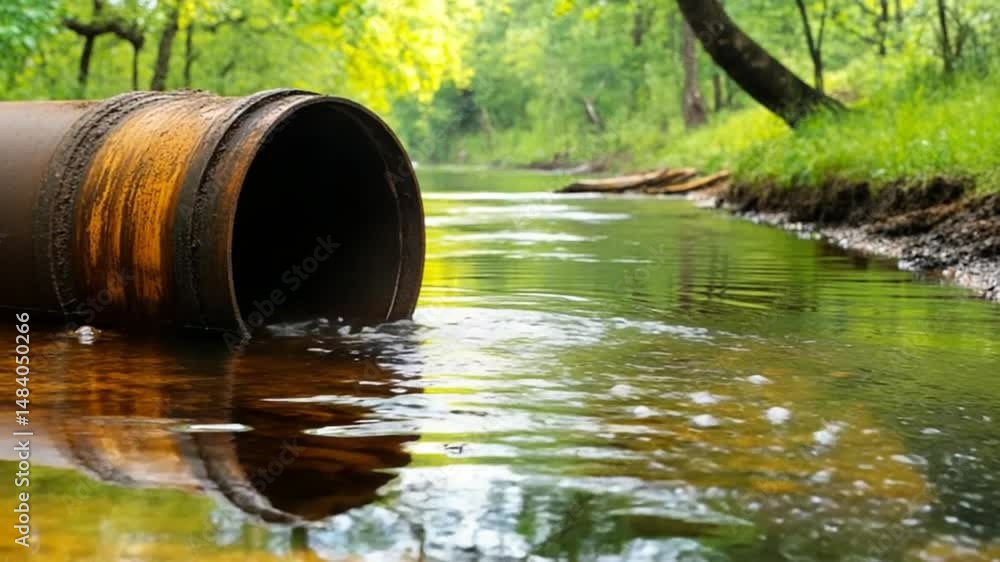 Rusty Pipe Pollution: Environmental Disaster in Green Forest River Rusty Pipe Pollution: Environmental Disaster in Green Forest River