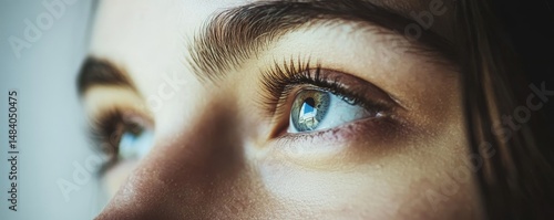 A close up shot of a person's eye with long eyelashes and a visible eyebrow looking towards the left