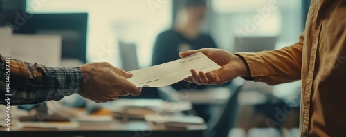 A close up of two hands exchanging a white envelope in an office setting with a blurred background