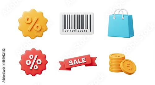 3D rendered shopping icons set including discounts, barcode, shopping bag, and more