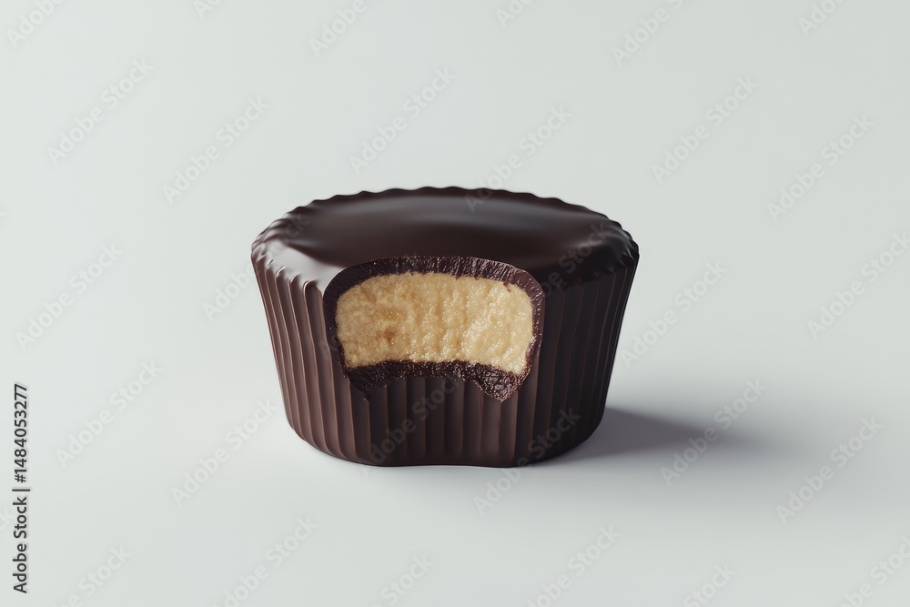 Delicious peanut butter cup with a bite taken out, revealing the creamy peanut butter filling on a clean white background. Delicious peanut butter cup with a bite taken out, revealing the creamy peanut butter filling on a clean white background.