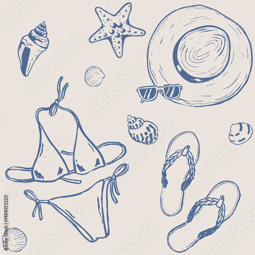 Summer beach hand drawn seamless pattern. Holiday doodle. Line art illustration of straw hat, flip flops, sunglasses, swimsuit. One color graphic background elements.